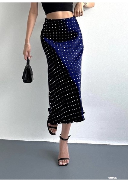 Lacivert Puantiyeli Midi Boy Şık Saten Etek modelleri