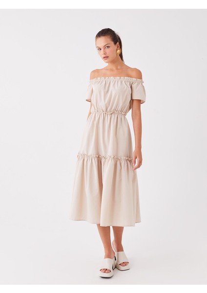 Yeni Sezon Kayık Yaka Düz Kısa Kollu Elbise