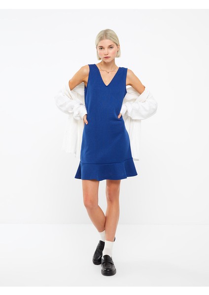 Yeni Sezon Kadın V Yaka Düz Tüvit Elbise