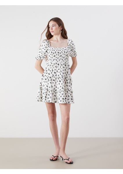 Yeni Sezon Kare Yaka Balon Kollu Katkat Mini Elbise