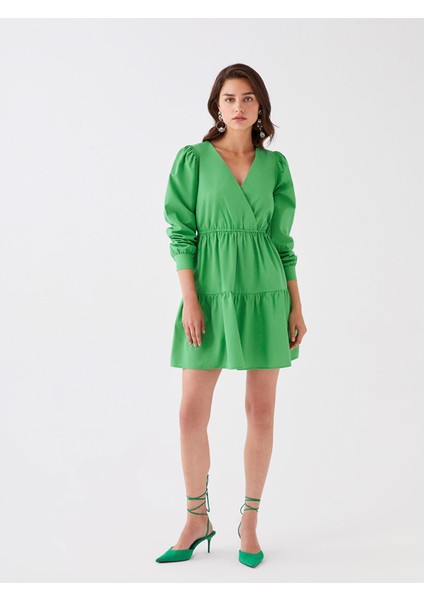 Yeni Sezon Kruvaze Yaka Düz Uzun Kollu Poplin Elbise