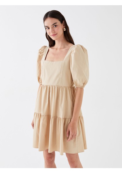 Yeni Sezon Kare Yaka Düz Balon Kollu Poplin Elbise