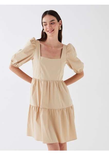 Yeni Sezon Kare Yaka Düz Balon Kollu Poplin Elbise fiyatları