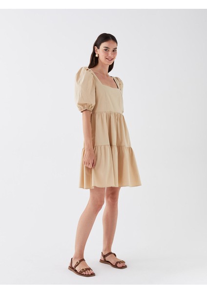 Yeni Sezon Kare Yaka Düz Balon Kollu Poplin Elbise modelleri