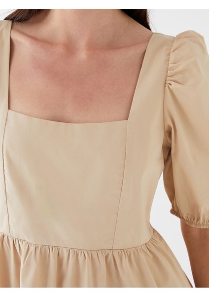 Yeni Sezon Kare Yaka Düz Balon Kollu Poplin Elbise fırsatları