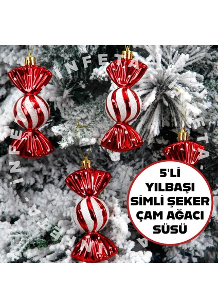 5 Adet Simli Şeker Yılbaşı Ağacı Süsü Noel Kırmızı Çam Ağacı Asma Süsü