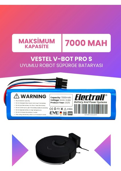 Vestel V-Bot Pro S Uyumlu Batarya (Maksimum Kapasite) 7000MAH Pil Robot Süpürge Bataryası