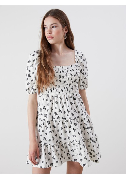 Yeni Sezon Kare Yaka Balon Kollu Katkat Mini Elbise fiyatları