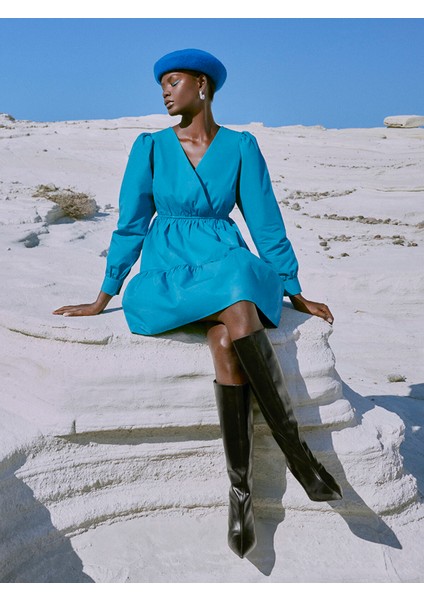 Yeni Sezon Kruvaze Yaka Düz Uzun Kollu Poplin Elbise fiyatları