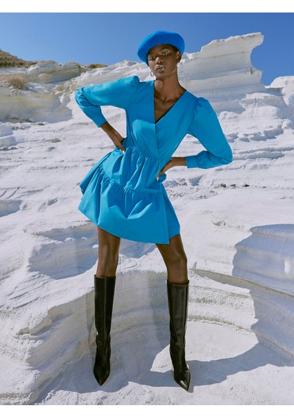 Yeni Sezon Kruvaze Yaka Düz Uzun Kollu Poplin Elbise