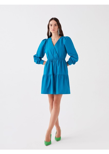 Yeni Sezon Kruvaze Yaka Düz Uzun Kollu Poplin Elbise modelleri