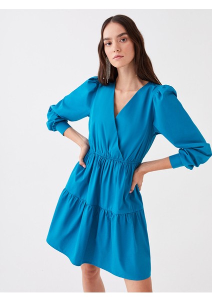 Yeni Sezon Kruvaze Yaka Düz Uzun Kollu Poplin Elbise fırsatları