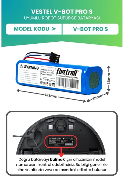 Vestel V-Bot Pro S Uyumlu Batarya (Ultra Yüksek Kapasite) 6400MAH Robot Süpürge Bataryası fiyatları