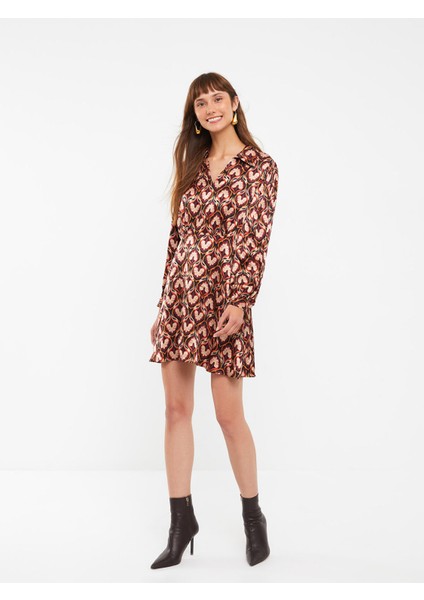 Yeni Sezon Gömlek Yaka Desenli Uzun Kollu Saten Elbise fiyatları