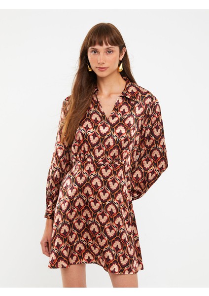 Yeni Sezon Gömlek Yaka Desenli Uzun Kollu Saten Elbise modelleri