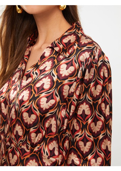 Yeni Sezon Gömlek Yaka Desenli Uzun Kollu Saten Elbise fırsatları