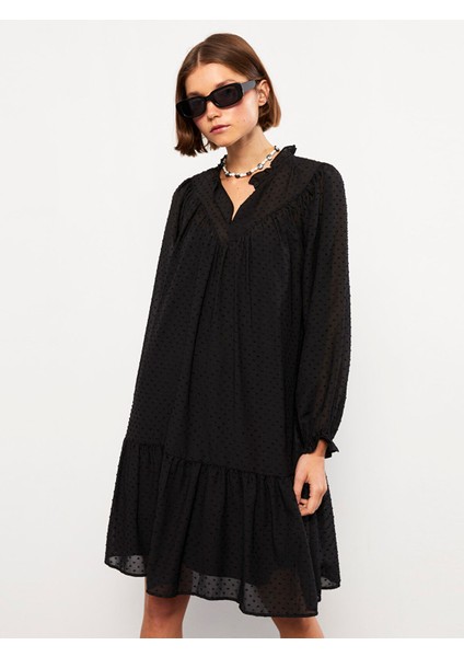 Yeni Sezon Dik Yaka Kendinden Desenli Uzun Kollu Saten Elbise fiyatları