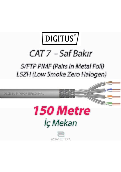 Cat7 - 150 Metre Saf Bakır S/ftp Pımf (Pairs In Metal Foil) Data İnternet Kablosu Gri