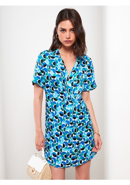Yeni Sezon Gömlek Yaka Desenli Kısa Kollu Saten Elbise fiyatları