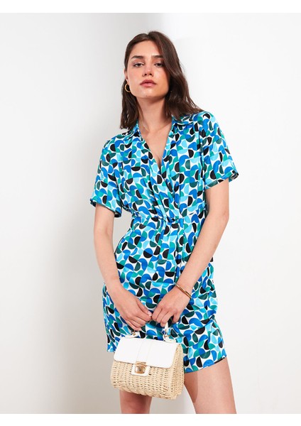Yeni Sezon Gömlek Yaka Desenli Kısa Kollu Saten Elbise modelleri