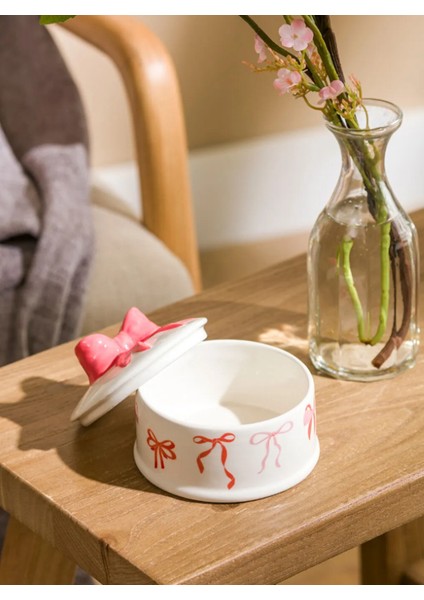 Kırmızı Fiyonk Baskılı Seramik Saklama Kabı 9 cm fiyatları