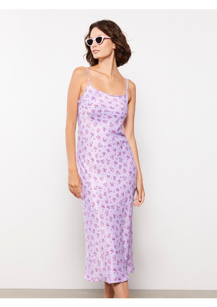 Yeni Sezon Kare Yaka Çiçekli Askılı Saten Elbise modelleri