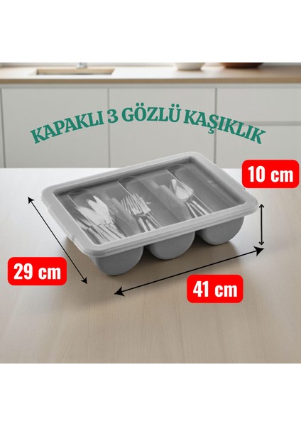 3 Kapaklı Bölmeli Kaşıklık, Gri ( Kapak Dahil 2li Set )