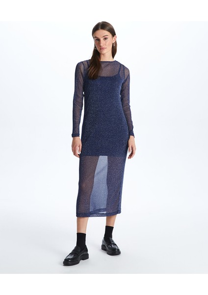 Yeni Sezon Bisiklet Yaka Parlak Görünümlü Uzun Kollu Elbise