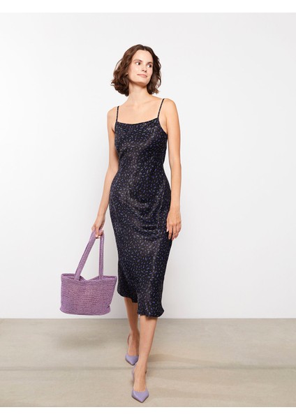 Yeni Sezon Kare Yaka Çiçekli Askılı Saten Elbise