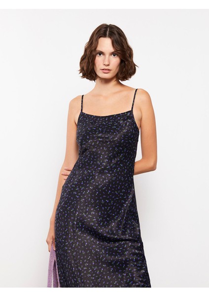 Yeni Sezon Kare Yaka Çiçekli Askılı Saten Elbise modelleri