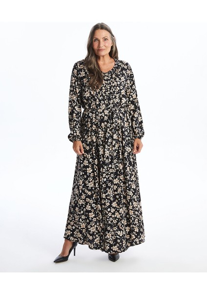 Yeni Sezon Bisiklet Yaka Çiçekli Uzun Kollu Elbise