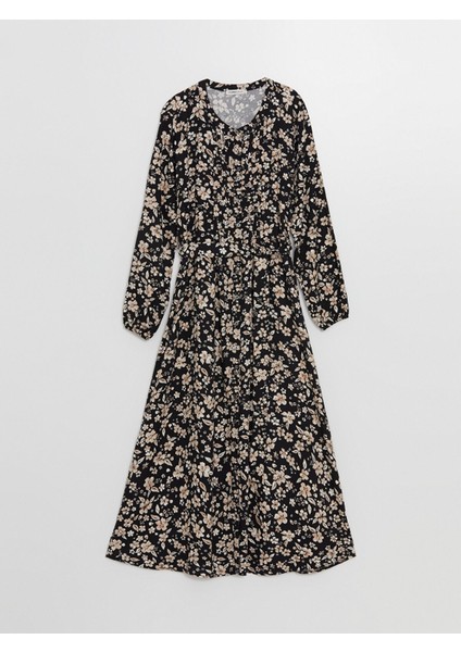 Yeni Sezon Bisiklet Yaka Çiçekli Uzun Kollu Elbise indirimleri