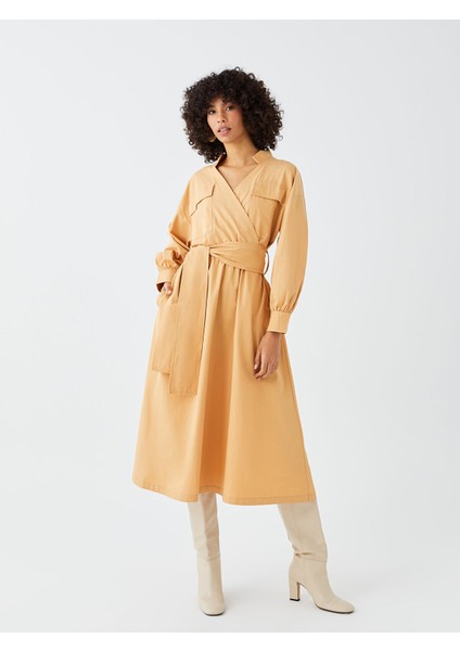 Yeni Sezon Kruvaze Yaka Düz Uzun Kollu Poplin Elbise