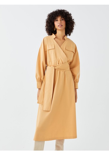 Yeni Sezon Kruvaze Yaka Düz Uzun Kollu Poplin Elbise modelleri