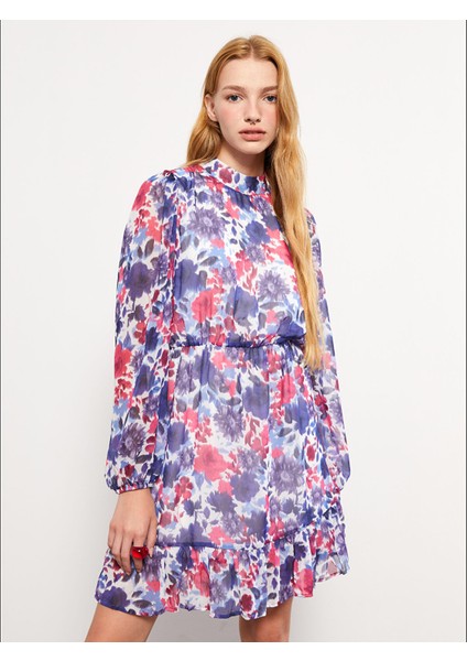 Yeni Sezon Dik Yaka Desenli Uzun Kollu Şifon Elbise indirimleri