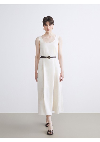 Yeni Sezon U Yaka A Kesim Keten Karışımlı Elbise