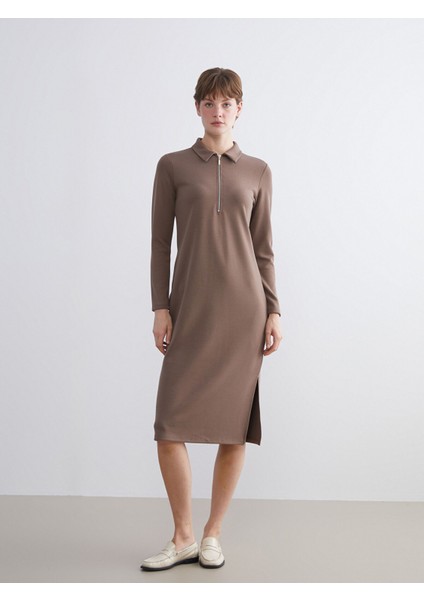 Yeni Sezon Büyük Beden Polo Yaka Yırtmaçlı Elbise