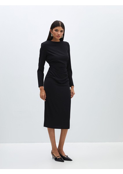 Yeni Sezon Bisiklet Yaka Düz Uzun Kollu Kadın Abiye Elbise
