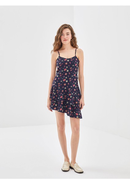 Yeni Sezon U Yaka Çiçekli Askılı Elbise