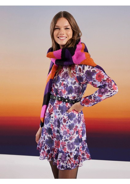 Yeni Sezon Dik Yaka Desenli Uzun Kollu Şifon Elbise