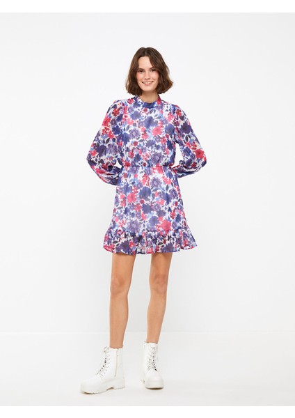 Yeni Sezon Dik Yaka Desenli Uzun Kollu Şifon Elbise fırsatları