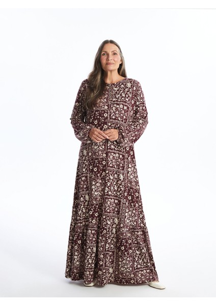 Yeni Sezon Bisiklet Yaka Desenli Uzun Kollu Elbise