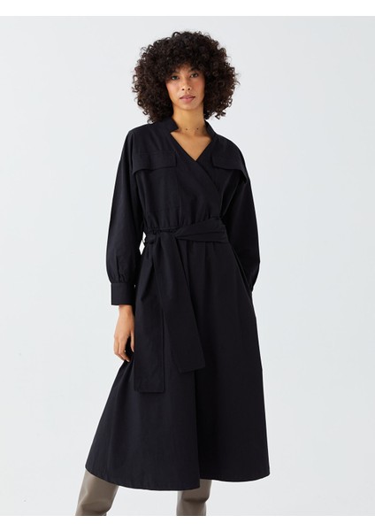 Yeni Sezon Kruvaze Yaka Düz Uzun Kollu Poplin Elbise modelleri