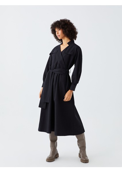 Yeni Sezon Kruvaze Yaka Düz Uzun Kollu Poplin Elbise
