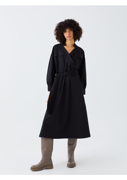 Yeni Sezon Kruvaze Yaka Düz Uzun Kollu Poplin Elbise fiyatları