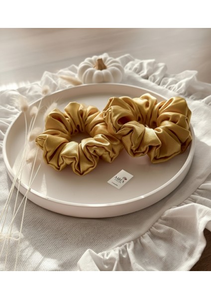 2'li Lüks Kadın Saten Toka - Altın Tozu - Lastik Model Scrunchie - Anne Kız Kombini