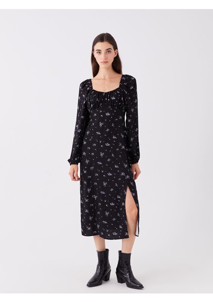 Yeni Sezon U Yaka Çiçekli Uzun Kollu Elbise