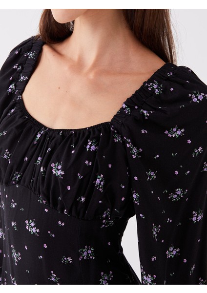 Yeni Sezon U Yaka Çiçekli Uzun Kollu Elbise fırsatları