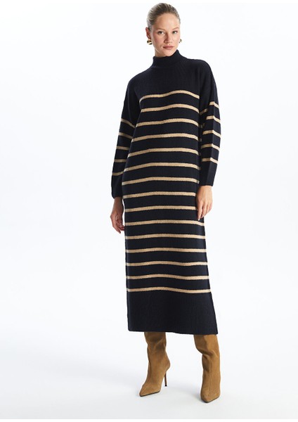 Yeni Sezon Yarım Balıkçı Yaka Çizgili Kadın Triko Elbise