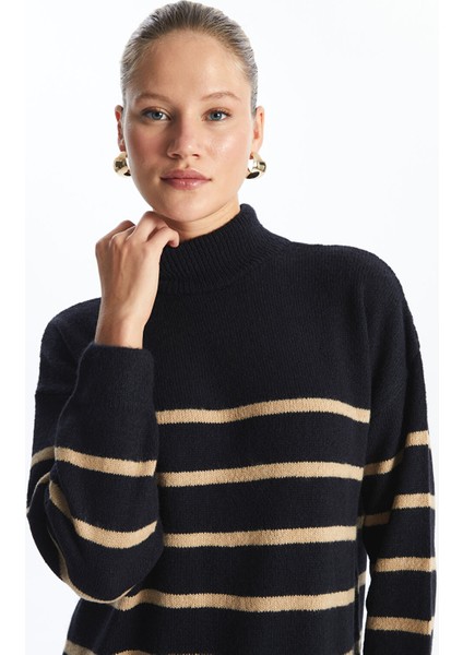 Yeni Sezon Yarım Balıkçı Yaka Çizgili Kadın Triko Elbise modelleri